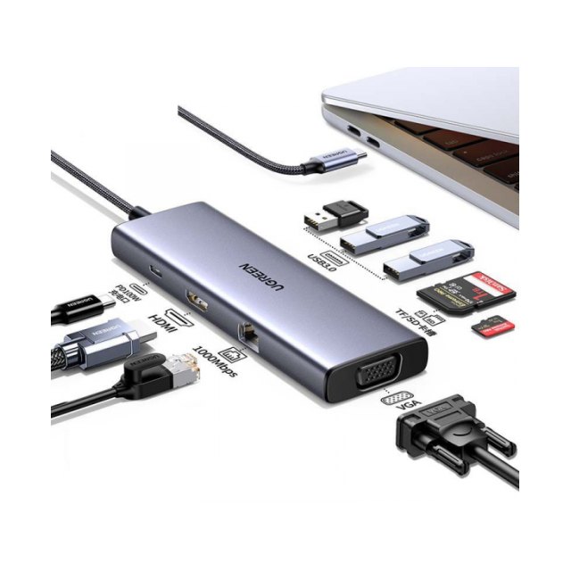 Конвертер Ugreen CM498 USB-C в 3 * USB 3.0 A/HDMI/VGA/RJ45/SD/TF/AUX3.5mm/PD/15601