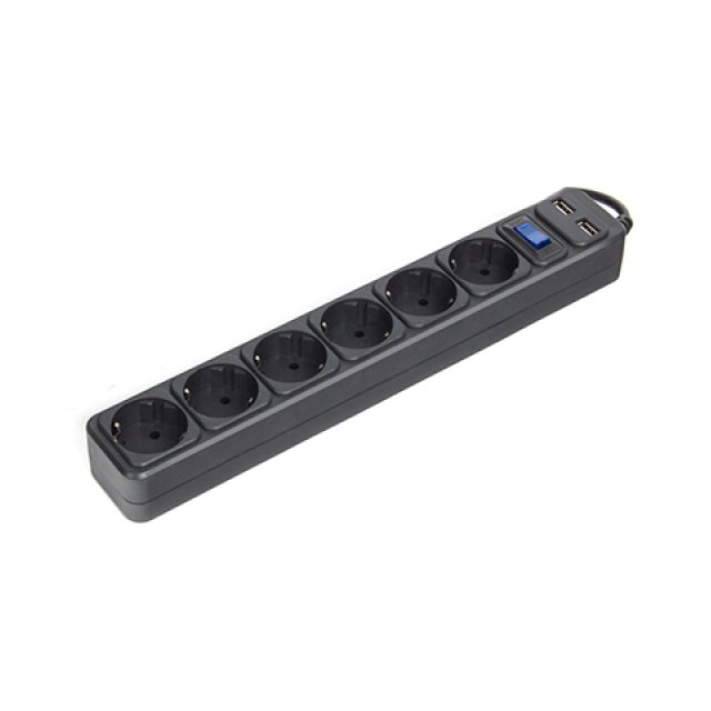Сетевой фильтр, SVC, ZC6S-50M-USB, 6 розеток, 5 метров, два USB-порта, 220-250В, 10A, картонная коробка, чёрный