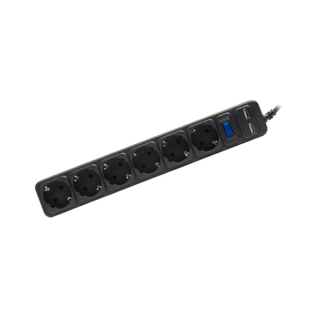 Сетевой фильтр, SVC, ZC6S-30M-USB, 6 розеток, 3 метра, два USB-порта, 220-250В, 10A, картонная коробка, чёрный