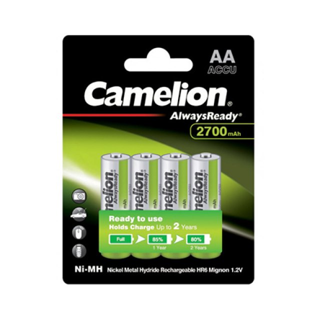 Аккумулятор, CAMELION, NH-AA2700ARBP4, AlwaysReady Ni-MH Rechargeable, AA, 1.2V, 2700 mAh, 4 шт в бл