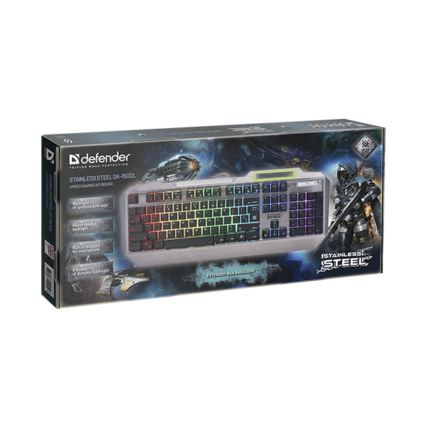 Игровая клавиатура Defender Stainless steel GK-150DL (Анг/Рус, Проводное, Серебристый,черный)