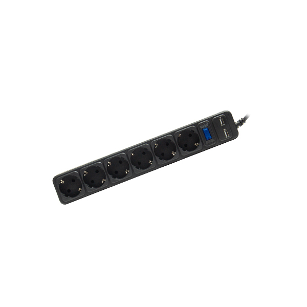 Сетевой фильтр, SVC, ZC6S-30M-USB, 6 розеток, 3 метра, два USB-порта, 220-250В, 10A, картонная коробка, чёрный в Шымкенте от производителей  с доставкой по Казахстану