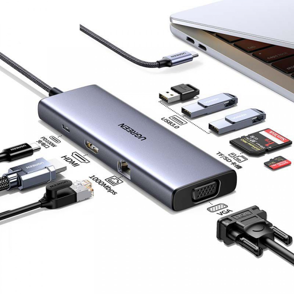 Конвертер Ugreen CM498 USB-C в 3 * USB 3.0 A/HDMI/VGA/RJ45/SD/TF/AUX3.5mm/PD/15601 в Шымкенте от производителей  с доставкой по Казахстану
