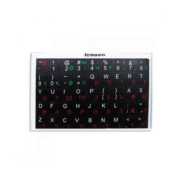Наклейки на клавиатуру, Lenovo, для любых клавиш, (Фон: чёрный. Шрифт: Анг. - белый, Рус. - красный, Каз. - зелёный) в Шымкенте от производителей  с доставкой по Казахстану