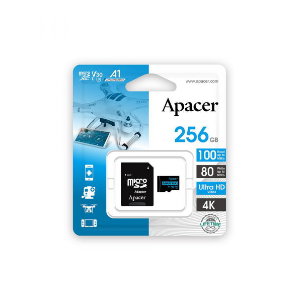 Карта памяти, Apacer, AP256GMCSX10U7-R, MicroSDXC 256GB, с адаптером SD